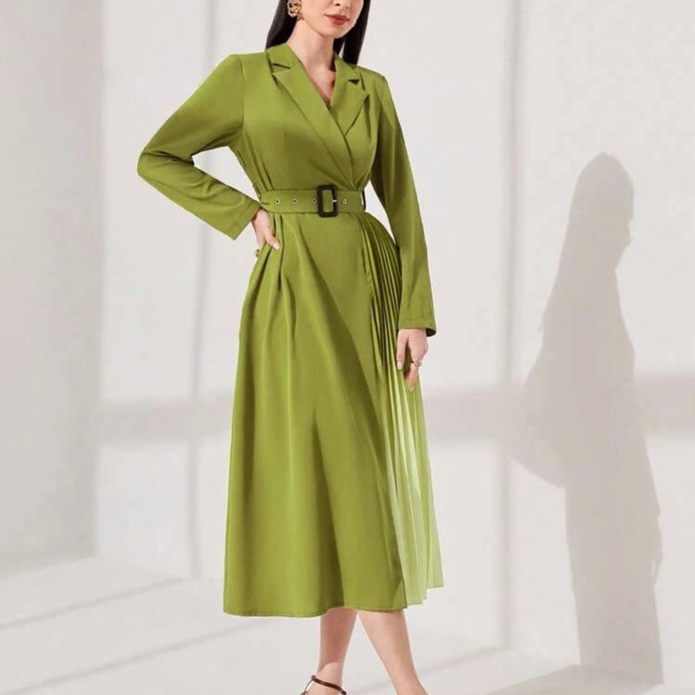 Ombre Lapel Neck Pleated Hem Belted Dress